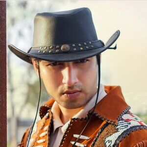 HADZAM Black Western Leather Cowboy Hat L